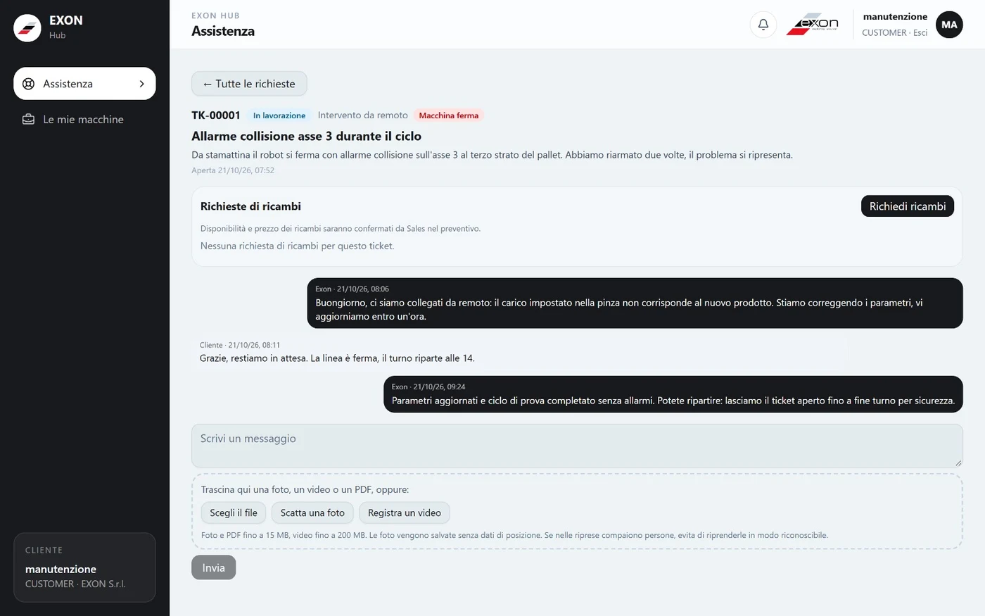 EXON Hub: ticket di assistenza aperto con la chat tra cliente e Service EXON