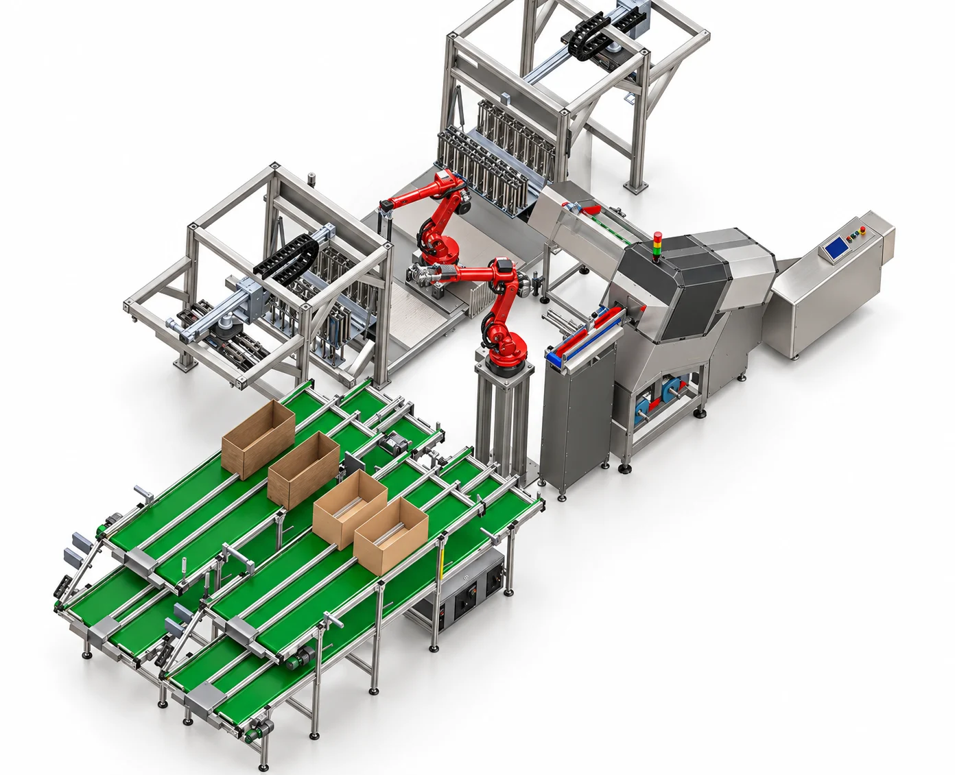 Fine linea per lo stampaggio vista a tre quarti: magazzini dei pettini, due robot, flowpack e nastri delle scatole