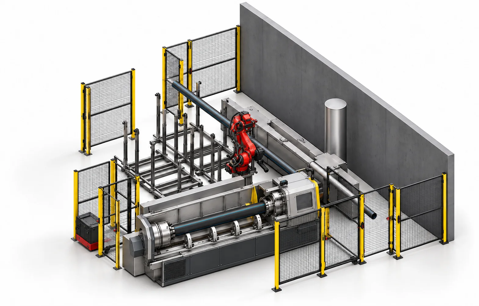 Cella robotizzata rifila tubi con robot Yaskawa tra il tornio, le fessuratrici e il magazzino dei tubi