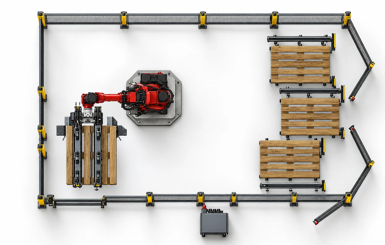 Cella scrocia bancali vista dall'alto: robot, posto della catasta incrociata, tre posti delle pile, quadro e recinzione