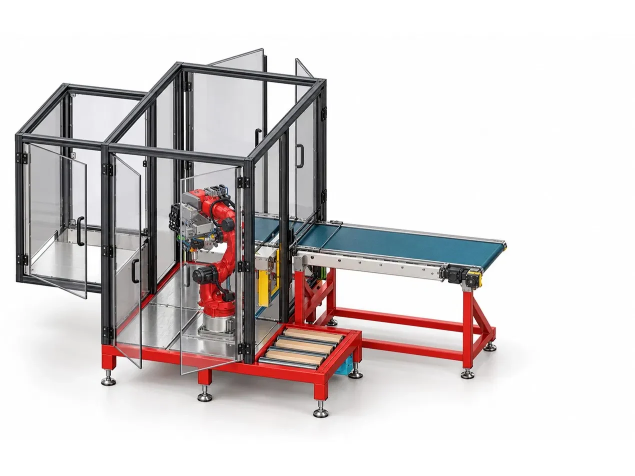 Macchina separa cioccolatini EXON: robot Yaskawa dentro la protezione in vetro, nastro di ingresso e nastro di uscita